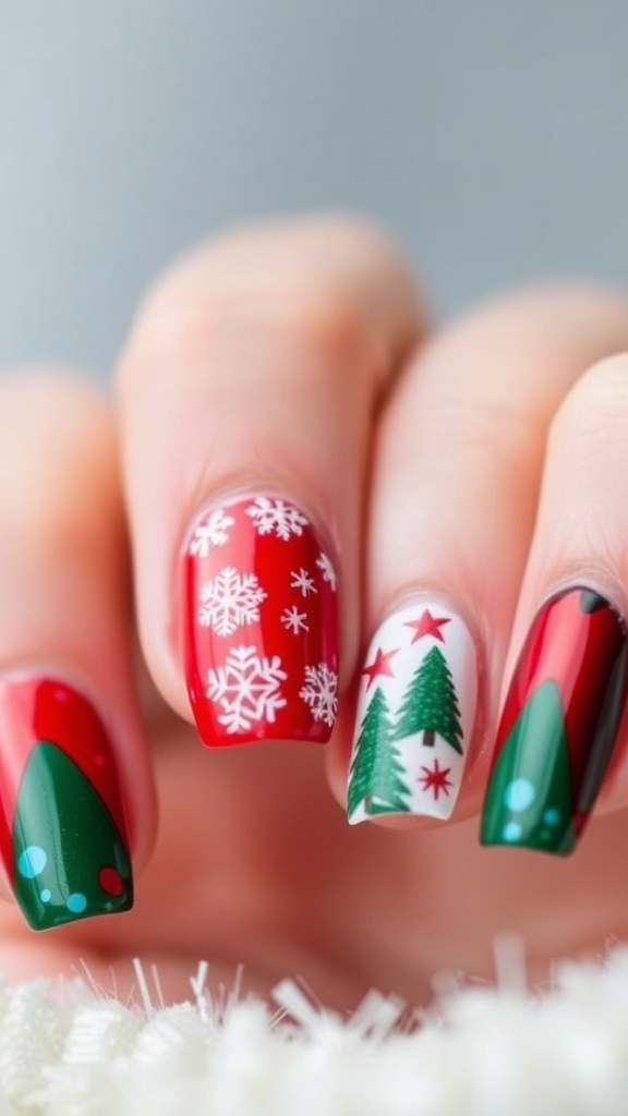 Festive Short Christmas Nails Design Close-up of short Christmas nails with red and green designs, featuring snowflakes and trees.